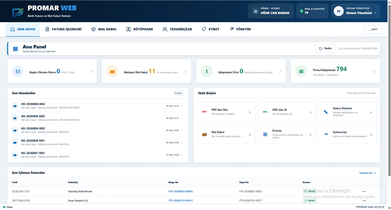 PROMAR WEB ana panel ekranı